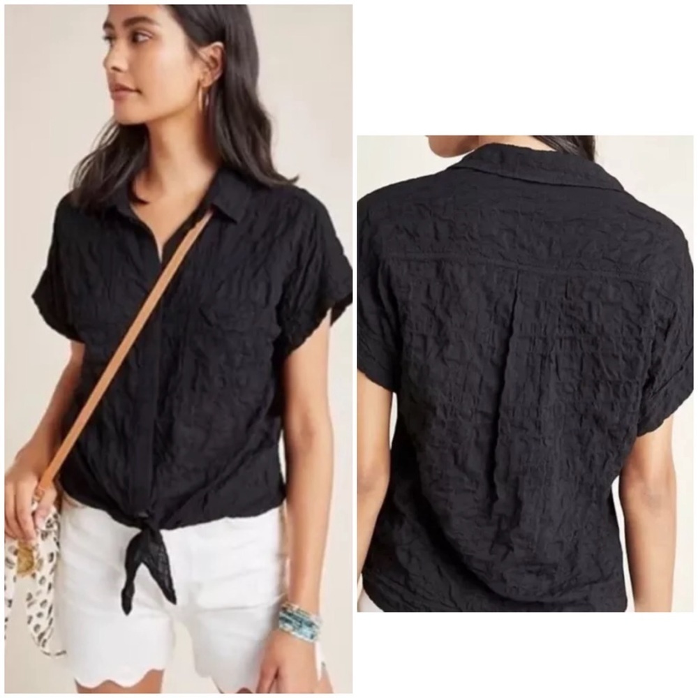 Cloth & Stone by Anthropologie Lyia black semi sheer tie front crinkled blouse